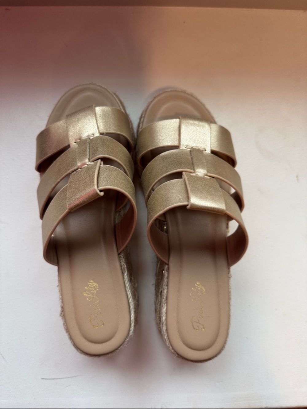 Pink Lily Metallic Gold Slide Sandals with Woven Espadrille Sole